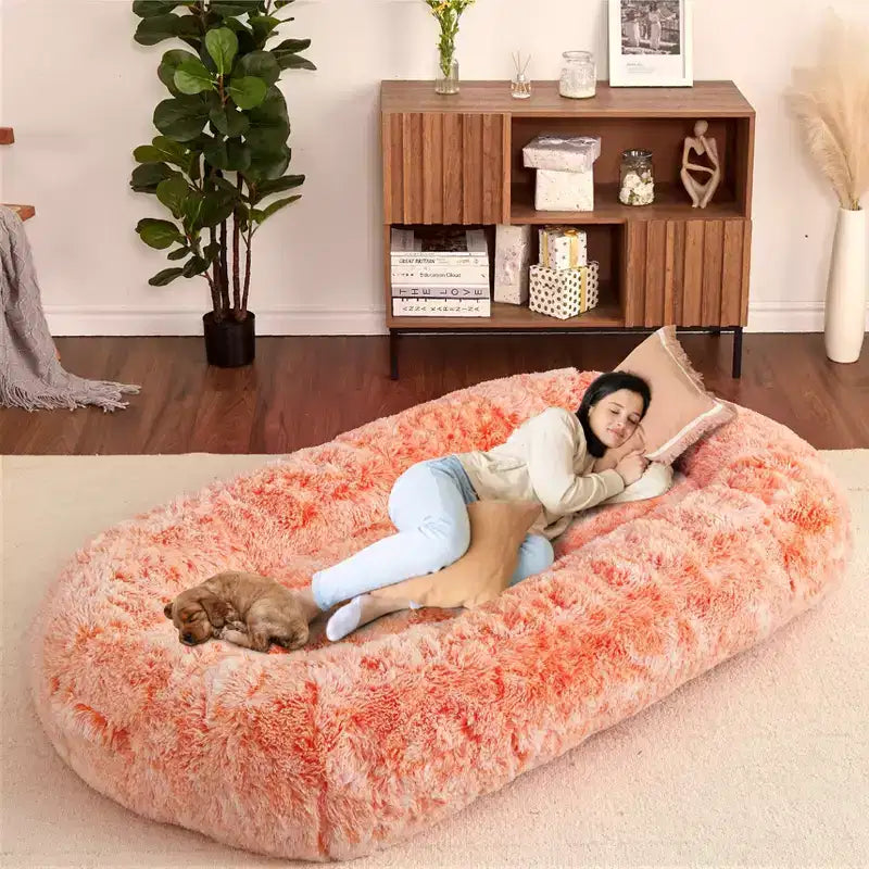 Lit Géant pour Humain, 180 cm, en Fausse Fourrure, Couchage Doux et Lavable avec Poignée et Housse Amovible, Lit Orthopédique pour Chien Humain