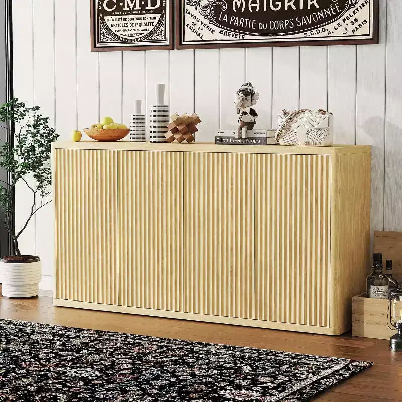 66.3 Sideboard Buffet Cabinet with Storage, 4-Door Modern Fluted Credenza,Natural Oak Accent Cabinet for Living Room,Kitchen,Dining Room,or Entryway