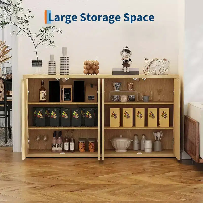Buffet bas de 168 cm avec rangement, crédence moderne cannelée à 4 portes, meuble d'appoint en chêne naturel pour salon, cuisine, salle à manger ou entrée