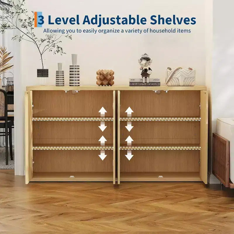 Buffet bas de 168 cm avec rangement, crédence moderne cannelée à 4 portes, meuble d'appoint en chêne naturel pour salon, cuisine, salle à manger ou entrée