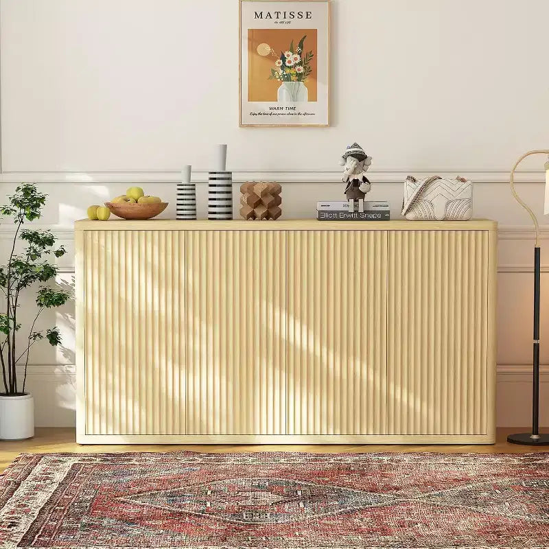 Buffet bas de 168 cm avec rangement, crédence moderne cannelée à 4 portes, meuble d'appoint en chêne naturel pour salon, cuisine, salle à manger ou entrée