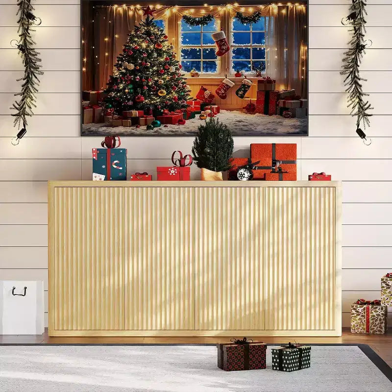 Buffet bas de 168 cm avec rangement, crédence moderne cannelée à 4 portes, meuble d'appoint en chêne naturel pour salon, cuisine, salle à manger ou entrée