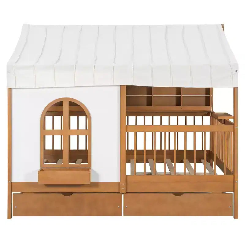 Lit cabane complet avec 2 tiroirs, étagères de rangement éclairées, station de recharge, toit et barrières de sécurité
