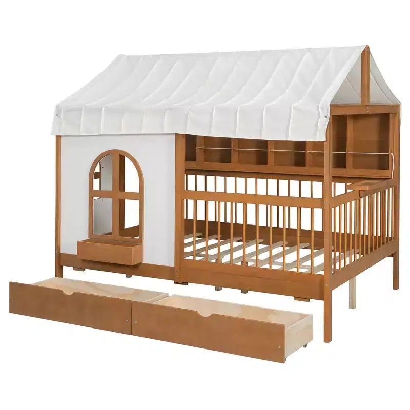 Lit cabane complet avec 2 tiroirs, étagères de rangement éclairées, station de recharge, toit et barrières de sécurité