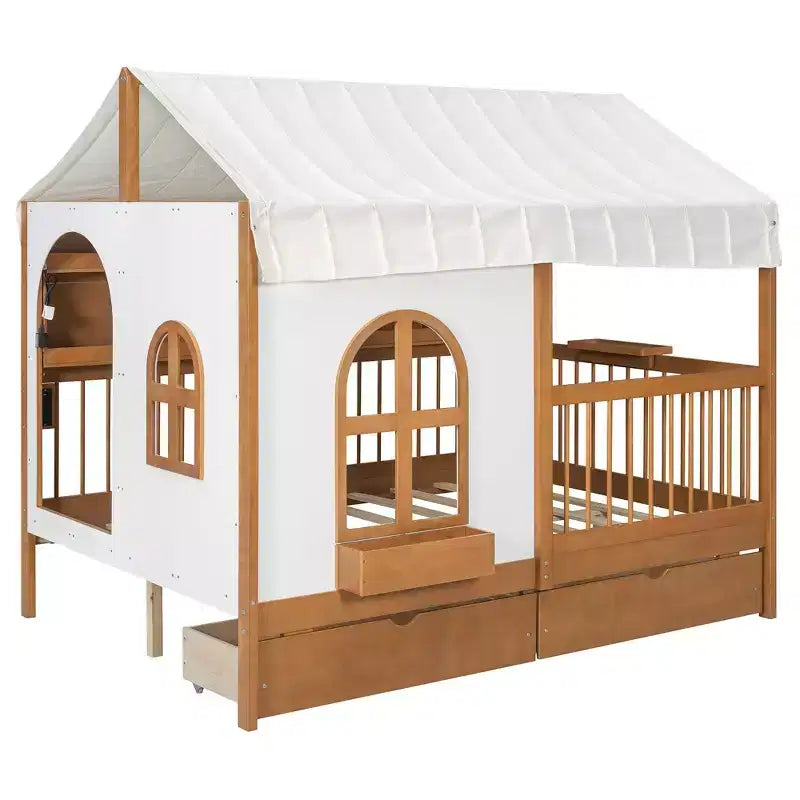 Lit cabane complet avec 2 tiroirs, étagères de rangement éclairées, station de recharge, toit et barrières de sécurité
