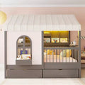 Luxystar Full Size House Style Bed With 2 Drawers, Lighted Storage Shelves, Charging Station, Roof And Guardrails