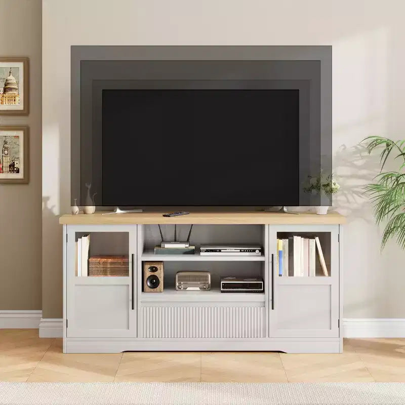 Meuble TV, Meuble TV de style ferme avec motif ondulé et 2 armoires à portes vitrées, Console média avec rangement ouvert pour le salon