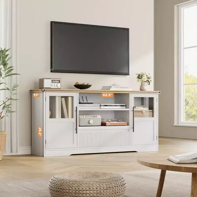 Meuble TV, Meuble TV de style ferme avec motif ondulé et 2 armoires à portes vitrées, Console média avec rangement ouvert pour le salon