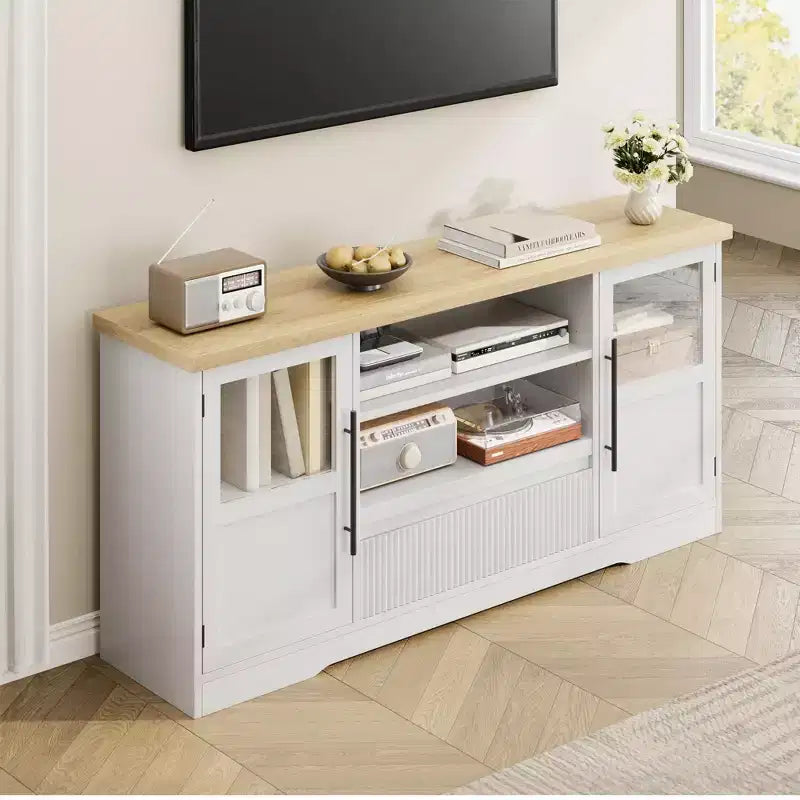 Meuble TV, Meuble TV de style ferme avec motif ondulé et 2 armoires à portes vitrées, Console média avec rangement ouvert pour le salon