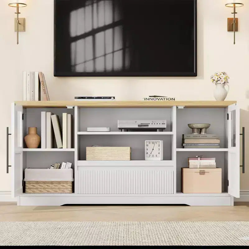 Meuble TV, Meuble TV de style ferme avec motif ondulé et 2 armoires à portes vitrées, Console média avec rangement ouvert pour le salon