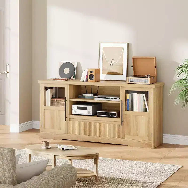 Meuble TV, Meuble TV de style ferme avec motif ondulé et 2 armoires à portes vitrées, Console média avec rangement ouvert pour le salon