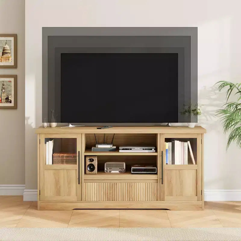 Meuble TV, Meuble TV de style ferme avec motif ondulé et 2 armoires à portes vitrées, Console média avec rangement ouvert pour le salon