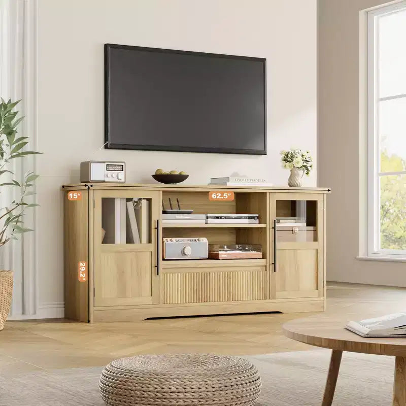 Meuble TV, Meuble TV de style ferme avec motif ondulé et 2 armoires à portes vitrées, Console média avec rangement ouvert pour le salon