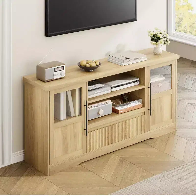 Meuble TV, Meuble TV de style ferme avec motif ondulé et 2 armoires à portes vitrées, Console média avec rangement ouvert pour le salon