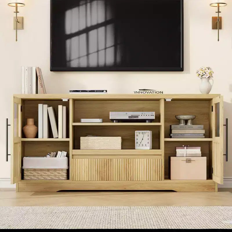 Meuble TV, Meuble TV de style ferme avec motif ondulé et 2 armoires à portes vitrées, Console média avec rangement ouvert pour le salon