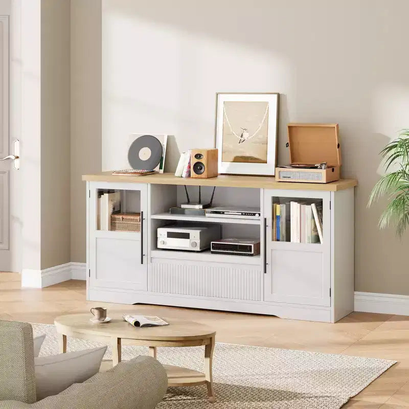 Meuble TV, Meuble TV de style ferme avec motif ondulé et 2 armoires à portes vitrées, Console média avec rangement ouvert pour le salon
