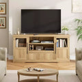 TV Stand, Farmhouse Entertainment Center with Wave Pattern & 2 Glass Door Cabinets, Media Console with Open Storage for Living Room