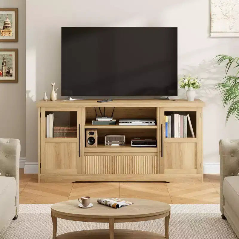 TV Stand, Farmhouse Entertainment Center with Wave Pattern & 2 Glass Door Cabinets, Media Console with Open Storage for Living Room