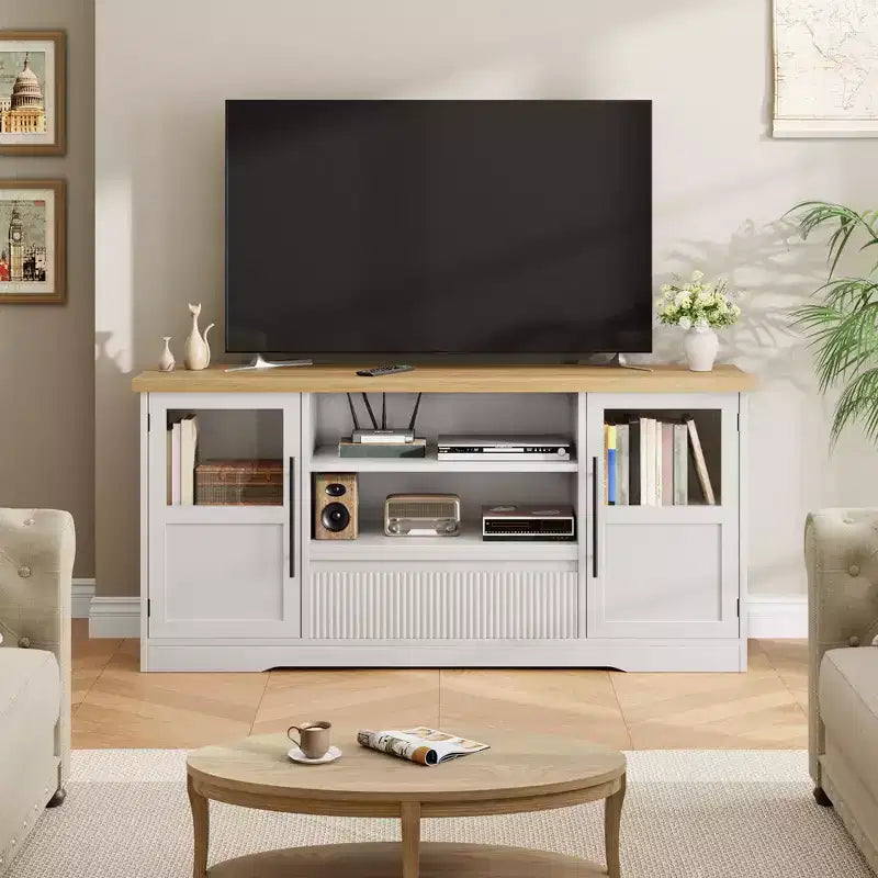 Meuble TV, Meuble TV de style ferme avec motif ondulé et 2 armoires à portes vitrées, Console média avec rangement ouvert pour le salon