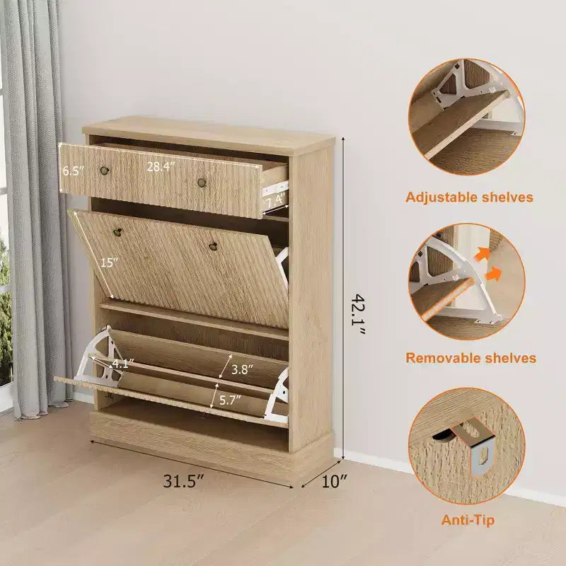 Meuble à chaussures avec 2 tiroirs basculants et 1 tiroir supérieur, organisateur de rangement étroit moderne avec étagères réglables et amovibles