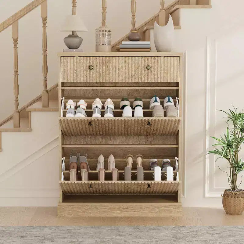 Meuble à chaussures avec 2 tiroirs basculants et 1 tiroir supérieur, organisateur de rangement étroit moderne avec étagères réglables et amovibles
