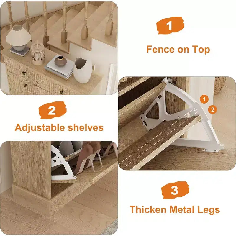 Meuble à chaussures avec 2 tiroirs basculants et 1 tiroir supérieur, organisateur de rangement étroit moderne avec étagères réglables et amovibles