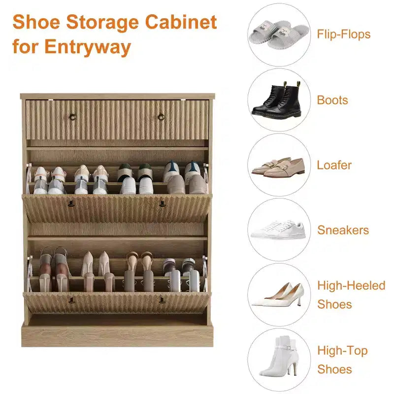 Meuble à chaussures avec 2 tiroirs basculants et 1 tiroir supérieur, organisateur de rangement étroit moderne avec étagères réglables et amovibles