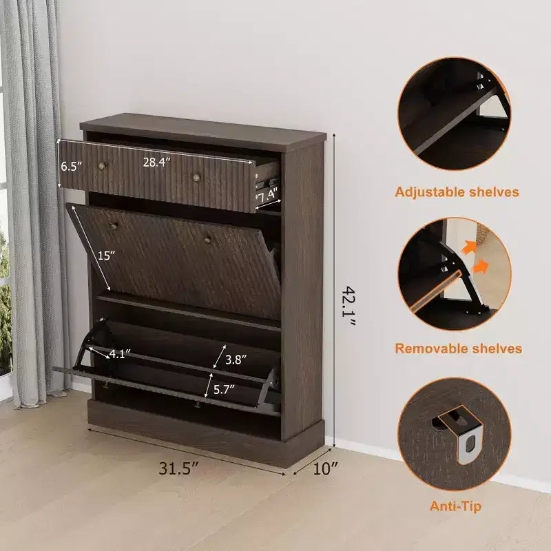 Meuble à chaussures avec 2 tiroirs basculants et 1 tiroir supérieur, organisateur de rangement étroit moderne avec étagères réglables et amovibles