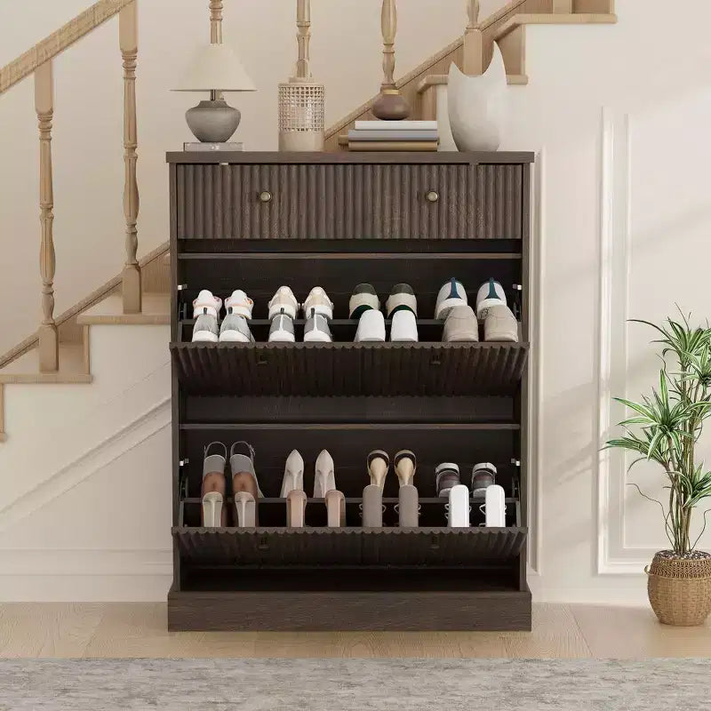 Meuble à chaussures avec 2 tiroirs basculants et 1 tiroir supérieur, organisateur de rangement étroit moderne avec étagères réglables et amovibles