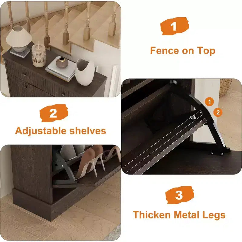 Meuble à chaussures avec 2 tiroirs basculants et 1 tiroir supérieur, organisateur de rangement étroit moderne avec étagères réglables et amovibles