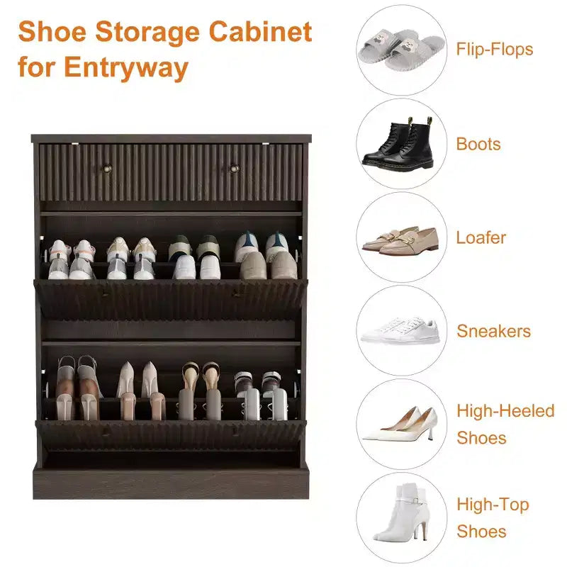 Meuble à chaussures avec 2 tiroirs basculants et 1 tiroir supérieur, organisateur de rangement étroit moderne avec étagères réglables et amovibles