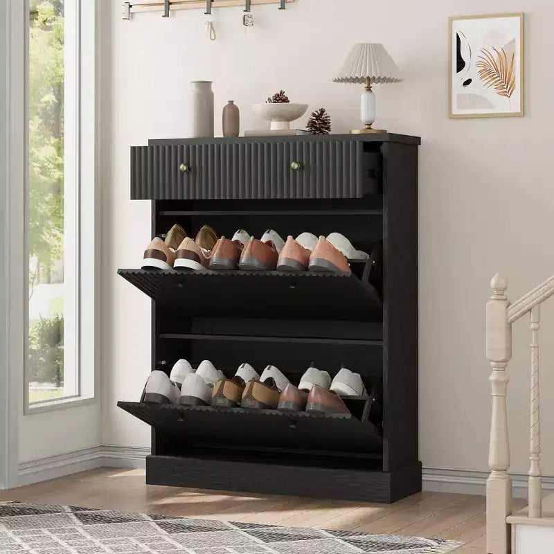 Meuble à chaussures avec 2 tiroirs basculants et 1 tiroir supérieur, organisateur de rangement étroit moderne avec étagères réglables et amovibles