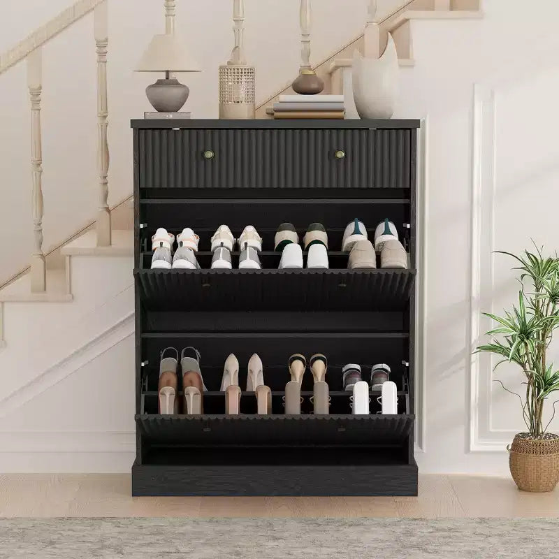Meuble à chaussures avec 2 tiroirs basculants et 1 tiroir supérieur, organisateur de rangement étroit moderne avec étagères réglables et amovibles