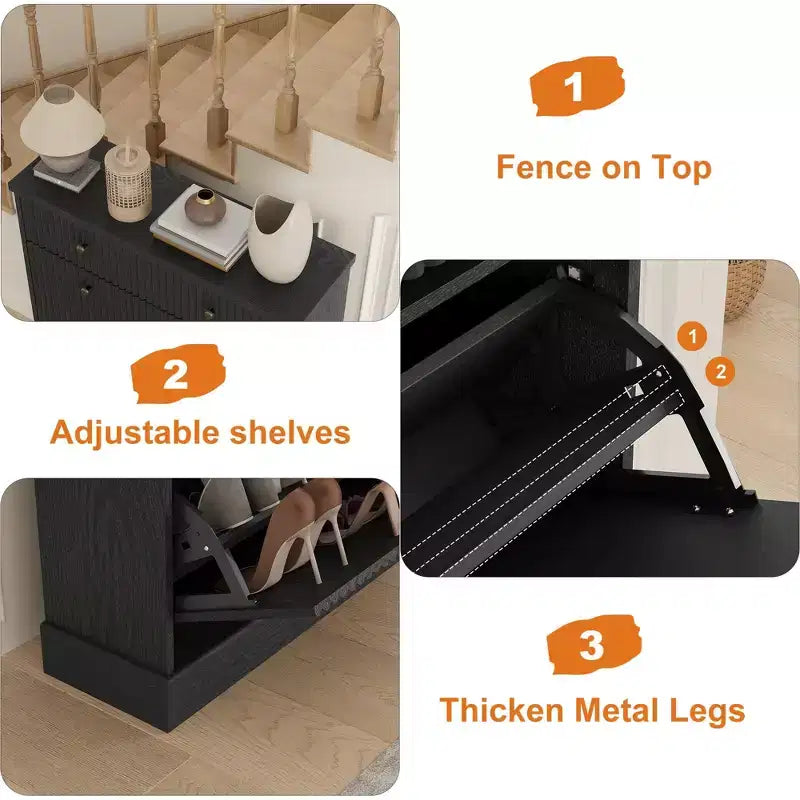 Meuble à chaussures avec 2 tiroirs basculants et 1 tiroir supérieur, organisateur de rangement étroit moderne avec étagères réglables et amovibles