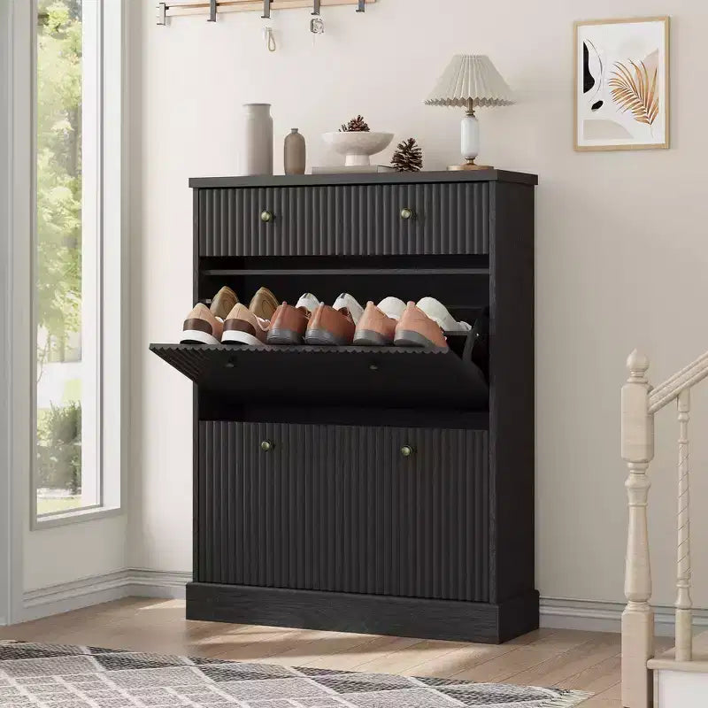 Shoe Cabinet with 2 Flip Drawers & 1 Top Drawer, Modern Narrow Storage Organizer with Adjustable and Removable Shelves