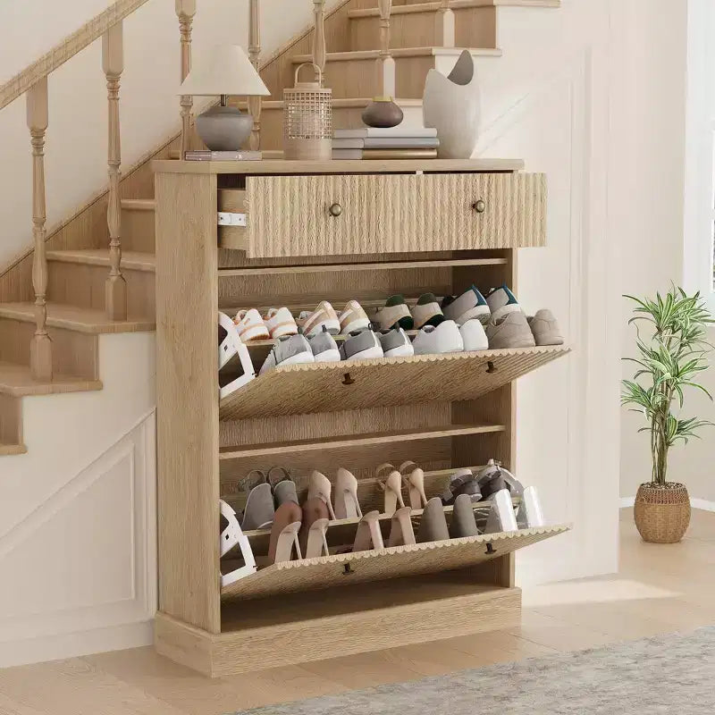 Meuble à chaussures avec 2 tiroirs basculants et 1 tiroir supérieur, organisateur de rangement étroit moderne avec étagères réglables et amovibles