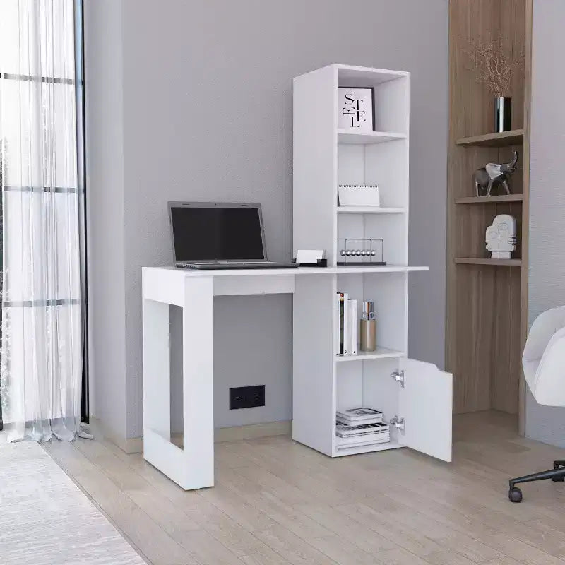 25 bureau d'ordinateur, bureau à domicile avec bibliothèque à 4 niveaux, 1 armoire, grande surface de travail, bureau d'écriture pour chambre à coucher, bureau, petits espaces