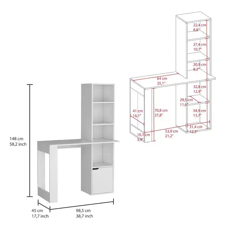 25 bureau d'ordinateur, bureau à domicile avec bibliothèque à 4 niveaux, 1 armoire, grande surface de travail, bureau d'écriture pour chambre à coucher, bureau, petits espaces