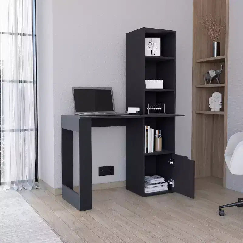 25 bureau d'ordinateur, bureau à domicile avec bibliothèque à 4 niveaux, 1 armoire, grande surface de travail, bureau d'écriture pour chambre à coucher, bureau, petits espaces
