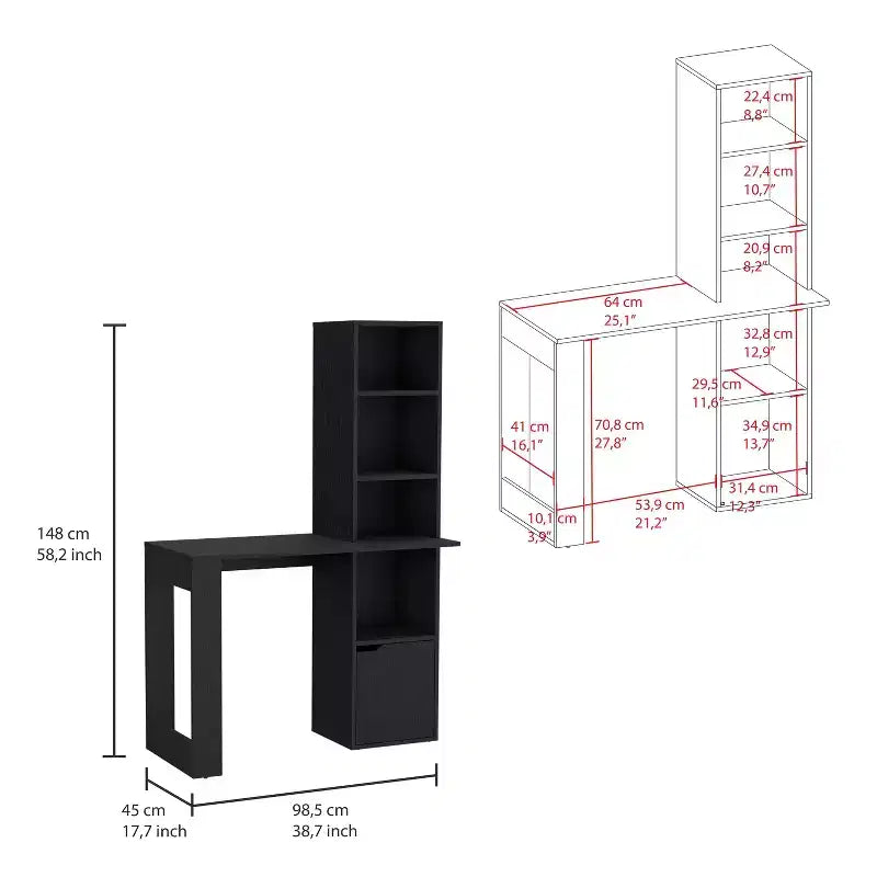 25 bureau d'ordinateur, bureau à domicile avec bibliothèque à 4 niveaux, 1 armoire, grande surface de travail, bureau d'écriture pour chambre à coucher, bureau, petits espaces