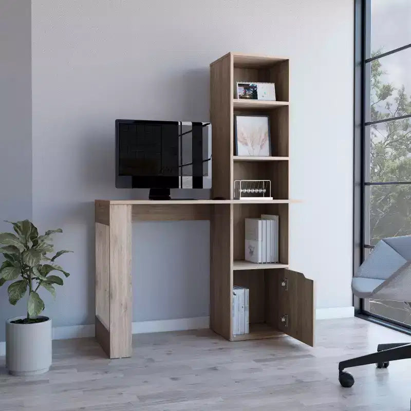 25 bureau d'ordinateur, bureau à domicile avec bibliothèque à 4 niveaux, 1 armoire, grande surface de travail, bureau d'écriture pour chambre à coucher, bureau, petits espaces