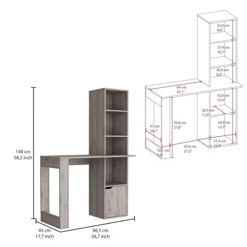 25 bureau d'ordinateur, bureau à domicile avec bibliothèque à 4 niveaux, 1 armoire, grande surface de travail, bureau d'écriture pour chambre à coucher, bureau, petits espaces