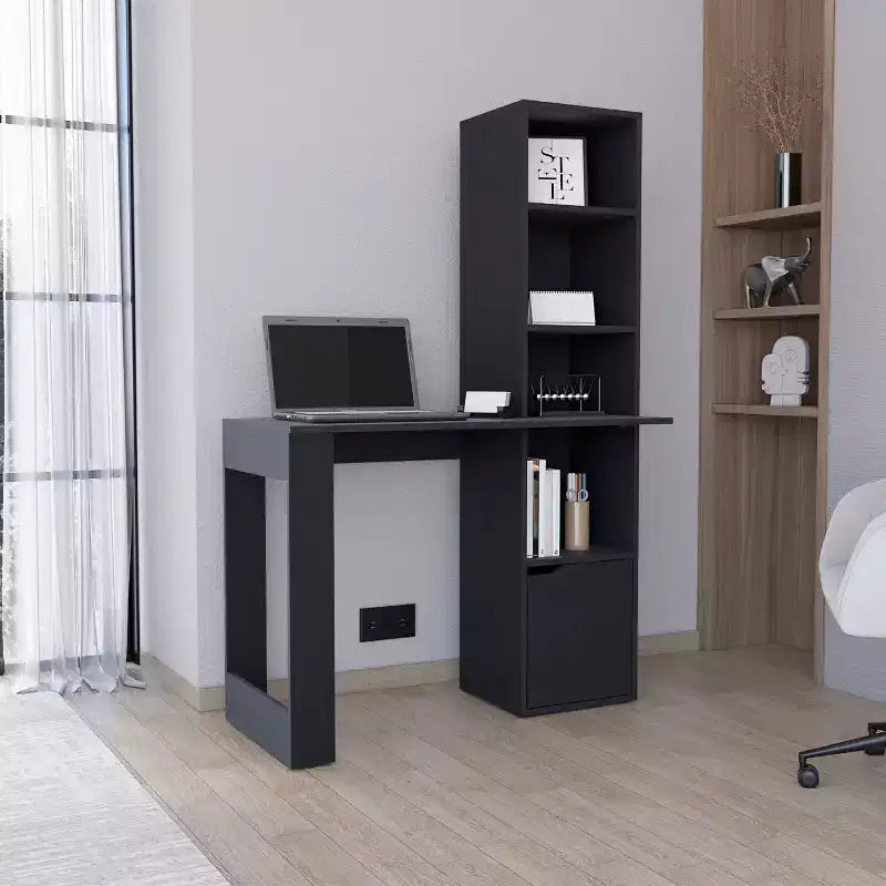 25 bureau d'ordinateur, bureau à domicile avec bibliothèque à 4 niveaux, 1 armoire, grande surface de travail, bureau d'écriture pour chambre à coucher, bureau, petits espaces
