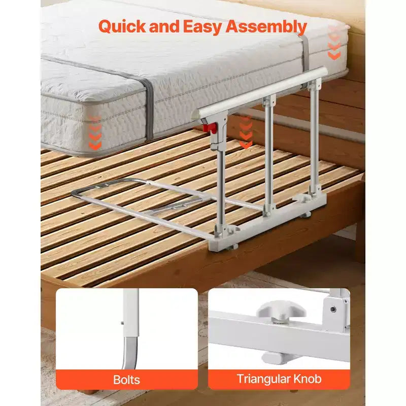 Barre de lit pliable pour personnes âgées, rail d'aide au chevet de 71 cm avec sangle de fixation, canne de chevet à hauteur réglable en métal haute résistance, blanc