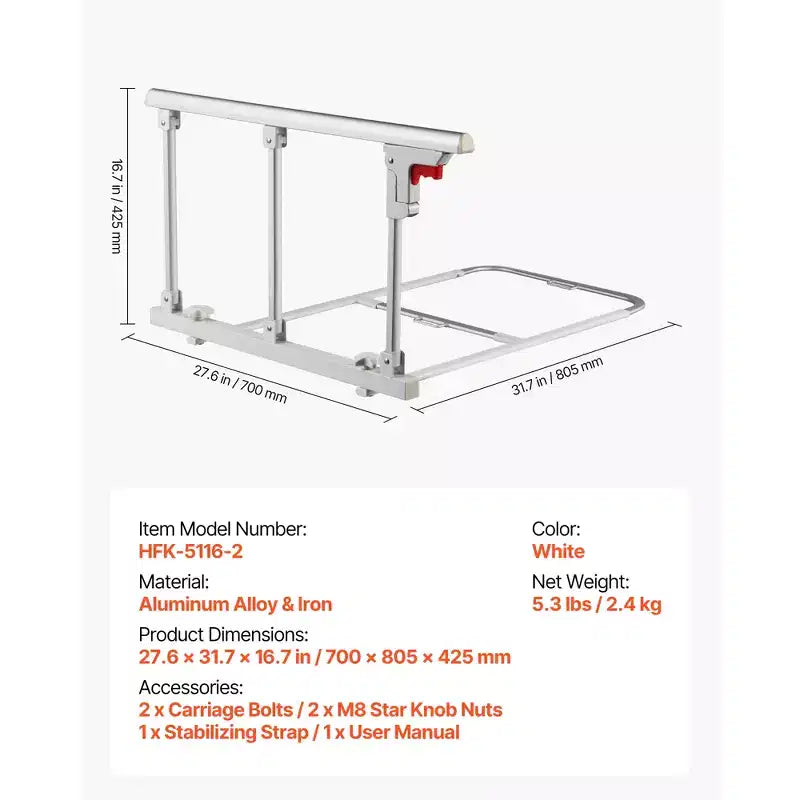 Barre de lit pliable pour personnes âgées, rail d'aide au chevet de 71 cm avec sangle de fixation, canne de chevet à hauteur réglable en métal haute résistance, blanc
