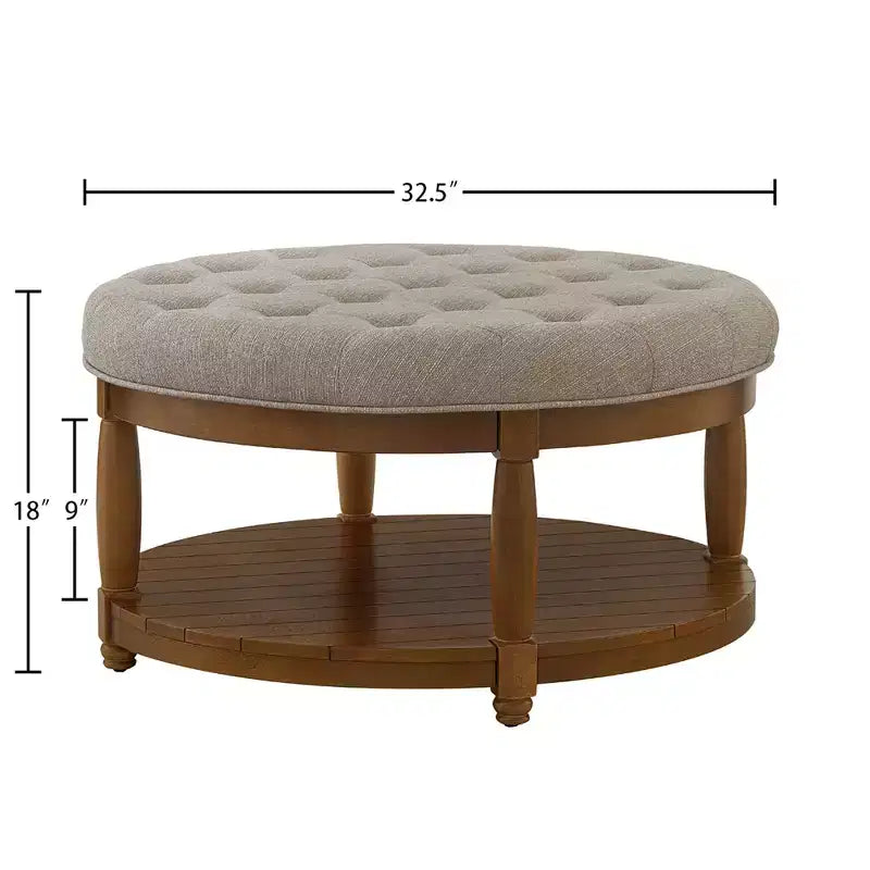 Pouffe ottoman capitonné rond moderne en bois et lin avec étagère de rangement