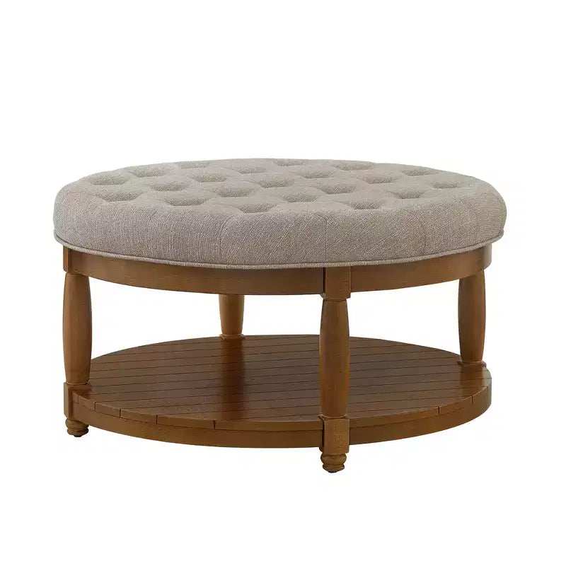 Pouffe ottoman capitonné rond moderne en bois et lin avec étagère de rangement