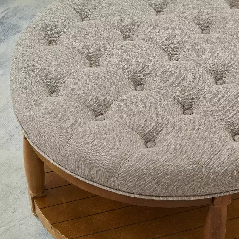 Pouffe ottoman capitonné rond moderne en bois et lin avec étagère de rangement