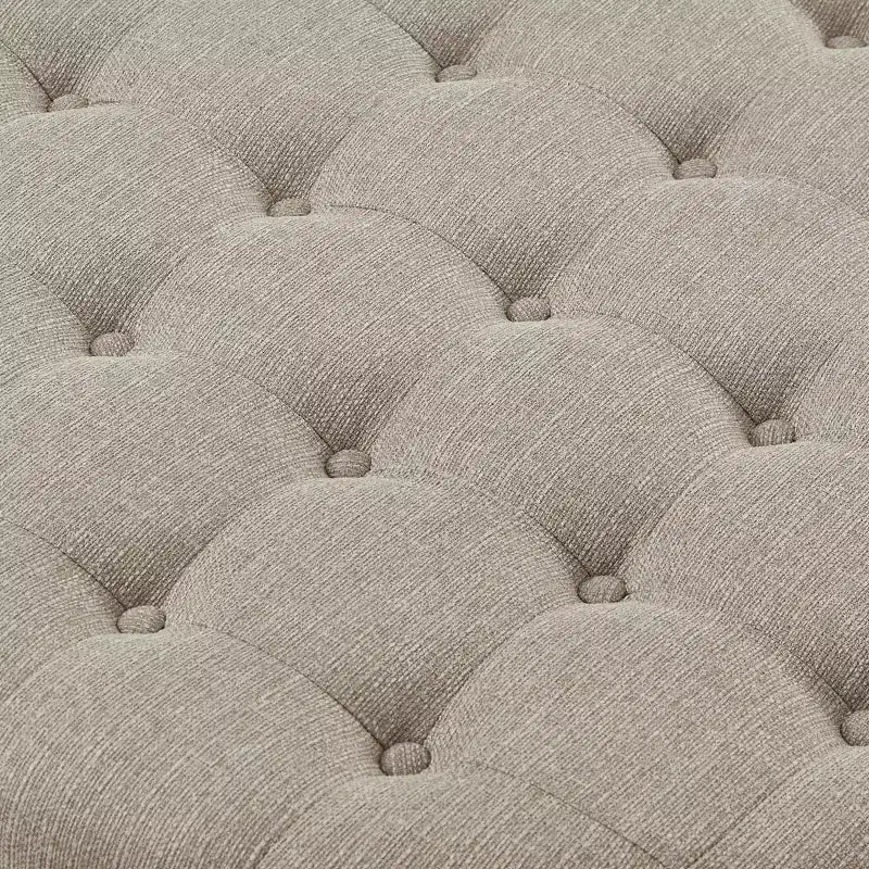 Pouffe ottoman capitonné rond moderne en bois et lin avec étagère de rangement