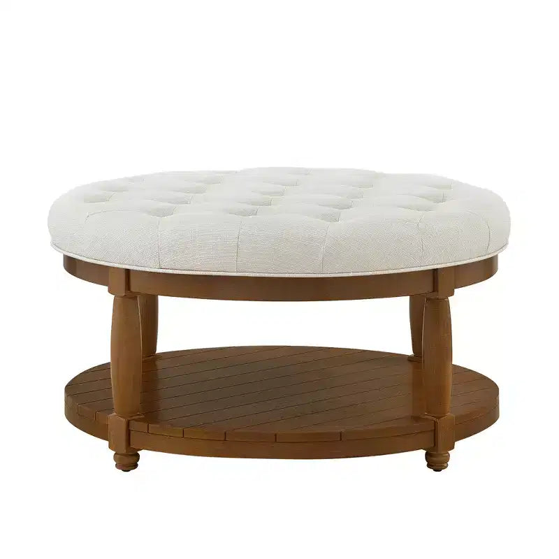 Pouffe ottoman capitonné rond moderne en bois et lin avec étagère de rangement